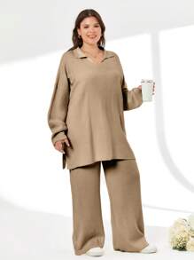 EURMUSE 2 件套纯色翻领毛衣和长裤套装