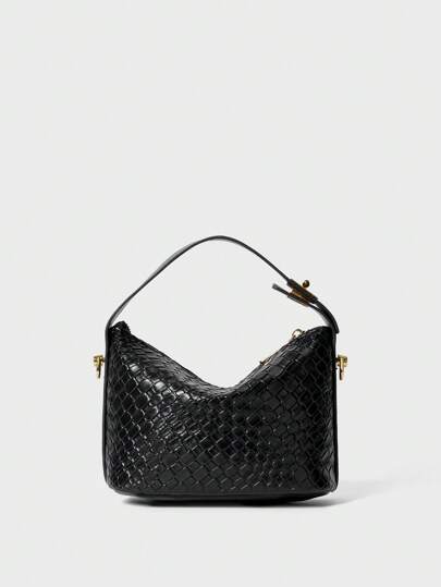 编织纯色PU皮革百搭时尚手提包，女士圣诞节冬季礼物