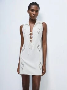 Maija Valentine's Day Ladies Spring And Summer New Style White Plain Embroidery Stitching Hollow Out Elegant Sexy Modern Urban Daily Casual Shirt Short Dress Vacation Suitable For Going Out Holiday Party Date Outfit Party Wedding Music Festival 90s Women's Clothing Bohemian Old Money Style - White - View 4