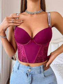 MidnightGlam 1pc Women's Lace Patchwork Wire Lingerie Bra - Red Violet - View 4