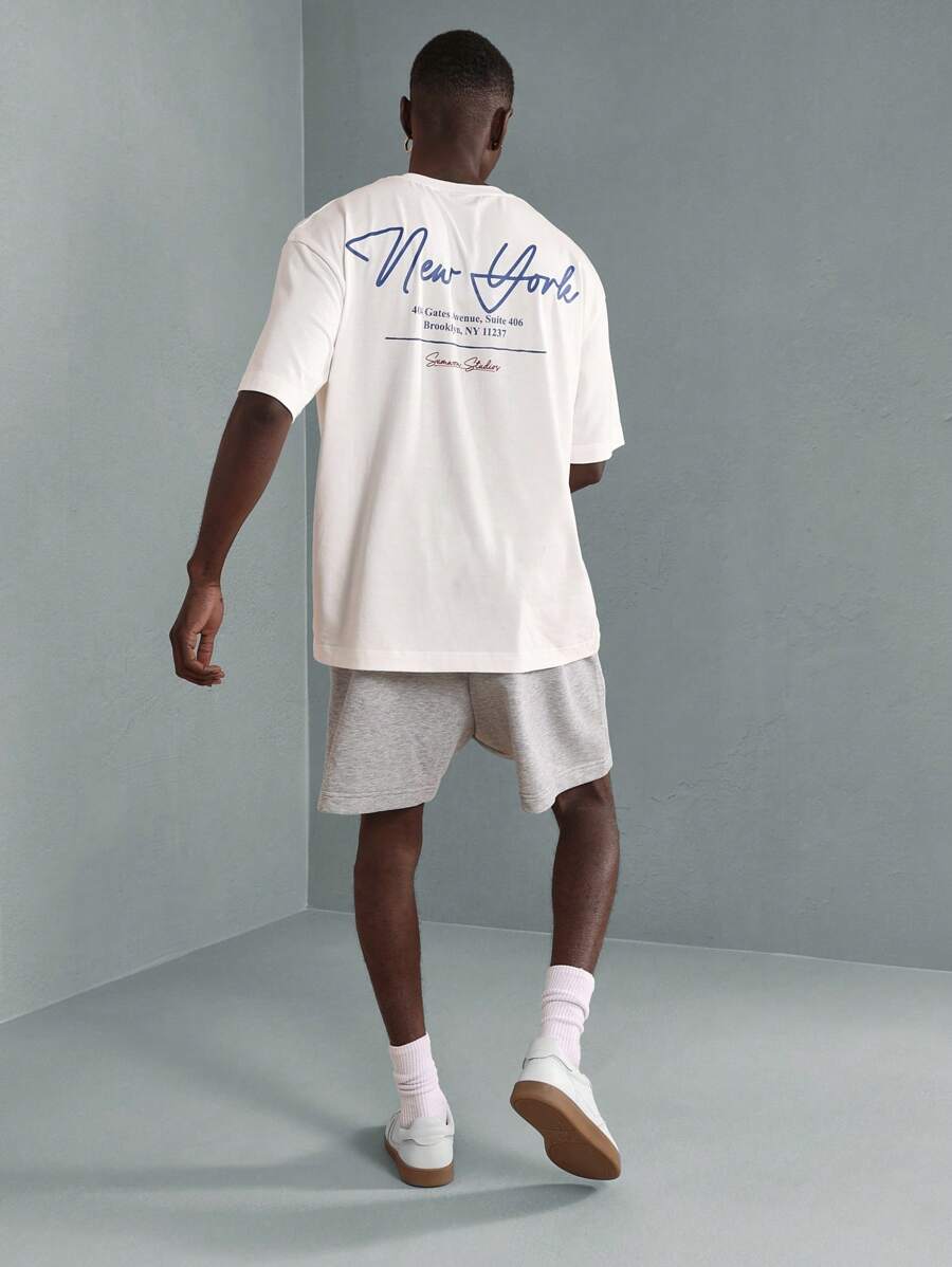 SUMWON Premium Urban Streetwear Co-Ord Set Oversized Text Print T-Shirt With Athletic Shorts Casual Summer Spring Two-Piece Outfit Modern Address Print - Multicolor - View 1