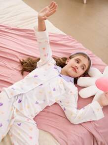 Tween Girl Cute Simple Colorful Heart Graphic Lapel Snap-Button Patch Pocket Long Sleeve Loungewear Set, 2pcs, Loose & Comfy Pj Sets For Teens Pajama Sets For Girls Of Sleepwear Teenage Girls Pajama Sets For Teens