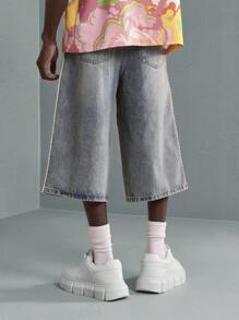 SUMWON Designer Denim Jort Shorts With Crochet Lace Side Panel, Retro Wide-Leg Festival Summer Cut-Off Style With Distressed Details, Urban Streetwear