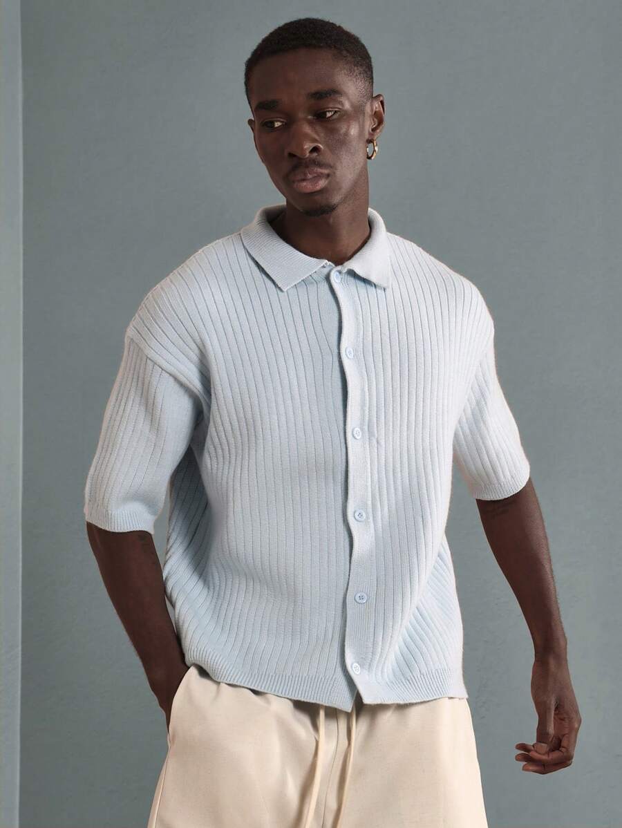 SUMWON Premium Ribbed Knit Button-Down Polo Shirt Slim Fit Short Sleeve Collared Casual Business Office Work Spring Summer Lightweight Breathable Designer - Blue - View 1