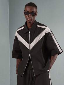 SUMWON Luxury Designer Coordinated Set Boxy Cut Track Jacket Short Combo Streetwear Athleisure Two-Piece Set With Contrast Stripe Detail Spring Summer Outfit - Black - View 3