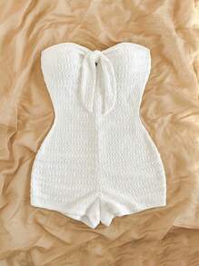 Soleia Women's White Knit Texture Front Tie Halter Jumpsuit, Fitted, Suitable For Party, Date, Valentine's Day, Sexy Romantic, Carnival, Beach, Cruise, Afternoon Tea - White - View 5