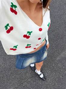 SHEIN Cottnline Sweet Cherry Blossom Cardigan Embroidery Red Buttons - White - View 1