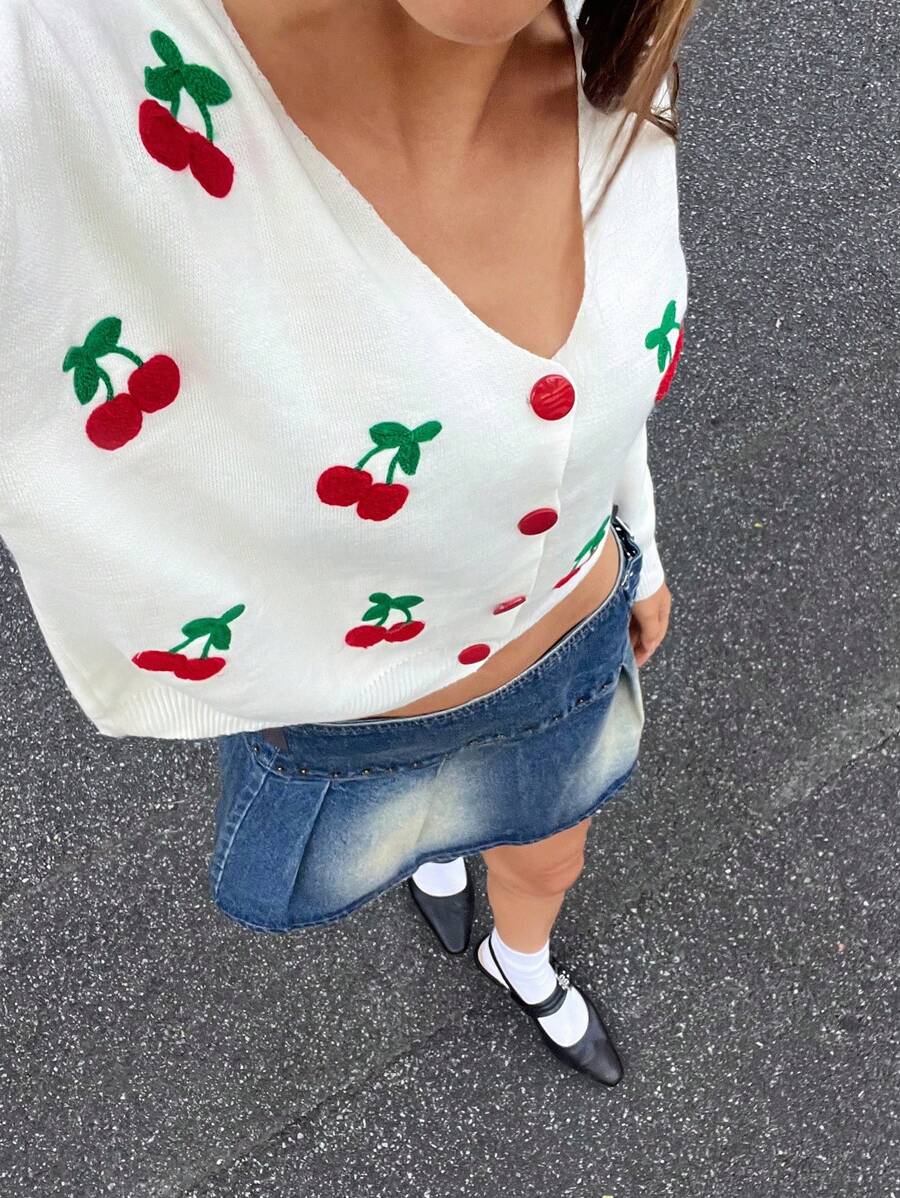 SHEIN Cottnline Sweet Cherry Blossom Cardigan Embroidery Red Buttons - White - View 1