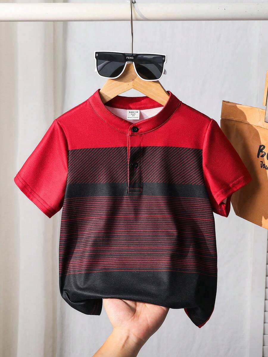 SHEIN 1pc Young Boys Loose Casual Stand Collar Striped Patchwork Color Block Knitted Polo Shirt