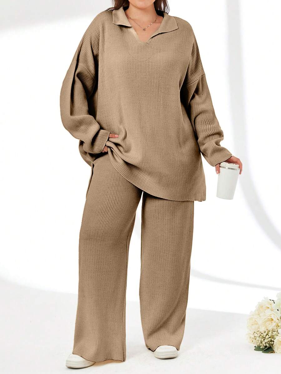 EURMUSE 2 件套纯色翻领毛衣和长裤套装