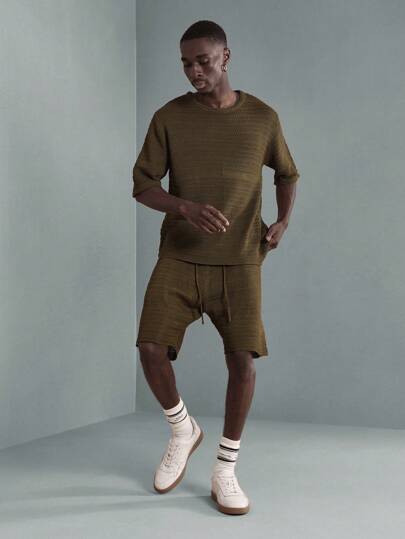 SUMWON Textured Knit Co-Ord Set Two-Piece Loungewear Ribbed Pattern Short Sleeve T-Shirt And Shorts Set Summer Casual Athletic Leisure Wear Comfortable Set