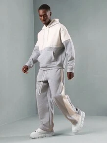 SUMWON Two-Tone Color Block Hoodie Co-Ord Set Track Suit Athletic Sweat Suit Matching Set Workout Casual Loungewear Winter Fall Fleece Activewear - Light Grey - View 6