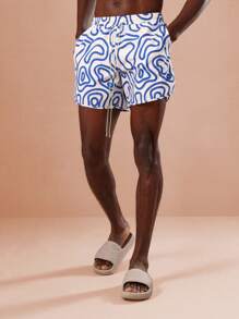 SUMWON Resort Swim Trunks Abstract Pattern Summer Beach Board Shorts Curved Hem Vacation Pool Party Water Sports Athletic Performance Swimwear Regular Fit Mid-Length - Blue - View 1