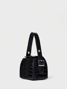 Mini Handbag With Detachable Strap, Black Crocodile Texture Crystal Cube Bag Winter Gifts - Black - View 2