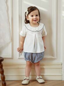 Souflis Souflis Babymeisjes Zomer Nieuwe Ruffle Kraag Voorkant Split Ontwerp Achterkant Waterdruppel Korte Mouw Streep Driehoek Casual Set