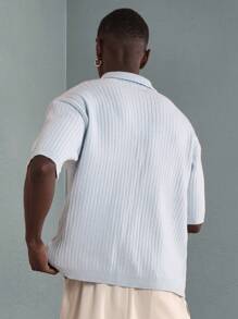 SUMWON Premium Ribbed Knit Button-Down Polo Shirt Slim Fit Short Sleeve Collared Casual Business Office Work Spring Summer Lightweight Breathable Designer - Blue - View 2