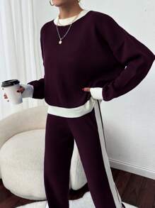 EURMUSE Contrast Blue & White Striped Loose Short Knit Sweater Plus Pants Set For Women - Burgundy - View 4