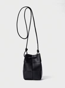 Mini Bucket Bag Drawstring Design Braided Detail PU Winter Gifts - Black - View 3