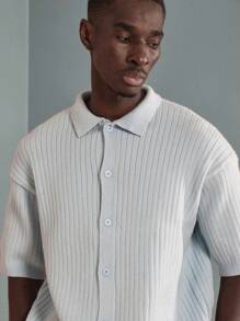 SUMWON Premium Ribbed Knit Button-Down Polo Shirt Slim Fit Short Sleeve Collared Casual Business Office Work Spring Summer Lightweight Breathable Designer - Blue - View 5