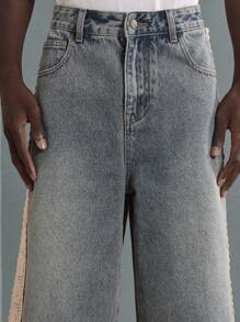 SUMWON Designer Denim Jort Shorts With Crochet Lace Side Panel, Retro Wide-Leg Festival Summer Cut-Off Style With Distressed Details, Urban Streetwear