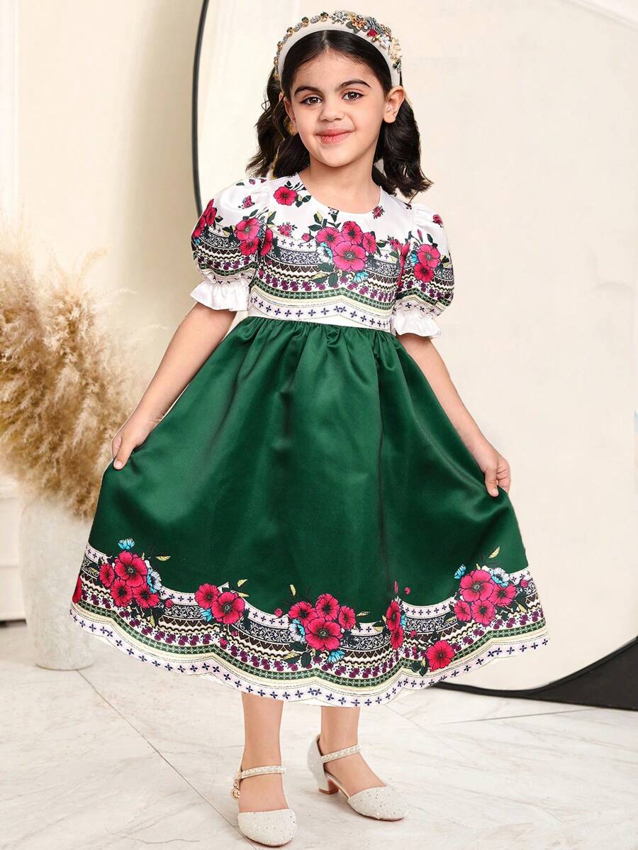 SHEIN DRMZ Young Girl Loose Vacation Style Floral Printed Dress With Puffy Sleeves And Round Neck, Matching Family Vacation ,National Floral Vintage Rose Print Midi Dresses. - Multicolor - View 1