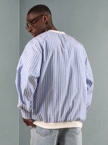 SUMWON Designer Striped Raglan Sweatshirt Classic Round Neck Athletic Casual Pullover Perfect For Spring Fall Loungewear Streetwear - Blue and White - View 2