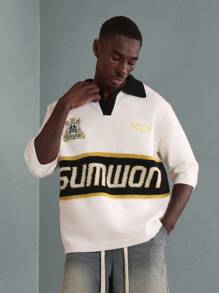SUMWON Vintage Retro College Stijl Varsity Gebreide Polo Trui met Geborduurd Logo Atletisch Ontwerp Casual Herfst Winter Lente Trui