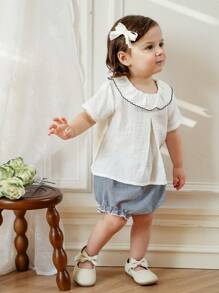 Souflis Souflis Babymeisjes Zomer Nieuwe Ruffle Kraag Voorkant Split Ontwerp Achterkant Waterdruppel Korte Mouw Streep Driehoek Casual Set