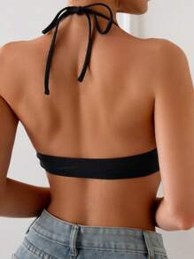SHEIN Swim Basics 女士三角形简约金属扣黑色吊带比基尼上衣，优雅适合度假、沙滩、休闲日常穿着、夏季度假女士泳衣女士比基尼上衣泳衣女士上衣比基尼套装女士比基尼上衣女士女士服装泳装 - 黑色 - 查看 3