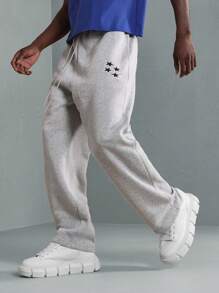 SUMWON 优质低裆运动裤宽松运动慢跑裤带星形标志家居服休闲运动训练裤带松紧腰带冬秋舒适 - 淺灰色 - 查看 1