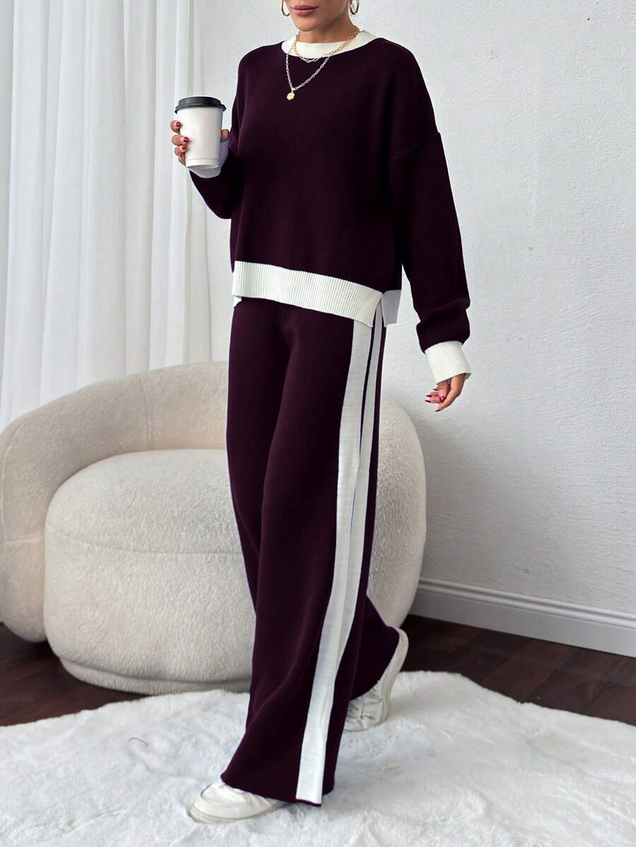 EURMUSE Contrast Blue & White Striped Loose Short Knit Sweater Plus Pants Set For Women - Burgundy - View 1