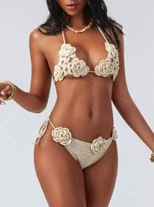 Swim Chiccia 2 pièces Tenue de plage pour femme, Top à bretelles en crochet à fleurs d'été de couleur unie et ensemble de cache-maillot avec nœud sur le côté