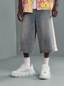 SUMWON Designer Denim Jort Shorts With Crochet Lace Side Panel, Retro Wide-Leg Festival Summer Cut-Off Style With Distressed Details, Urban Streetwear