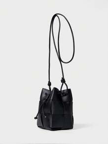 Mini Bucket Bag Drawstring Design Braided Detail PU Winter Gifts - Black - View 2