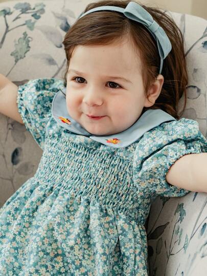 Souflis Souflis Baby Girl Cute Ditsy Floral Embroidery Round Neck Loose Casual Short Sleeve Dress, Summer