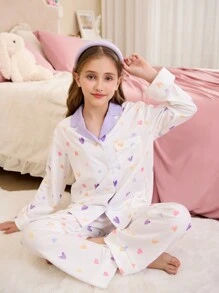 Tween Girl Cute Simple Colorful Heart Graphic Lapel Snap-Button Patch Pocket Long Sleeve Loungewear Set, 2pcs, Loose & Comfy Pj Sets For Teens Pajama Sets For Girls Of Sleepwear Teenage Girls Pajama Sets For Teens