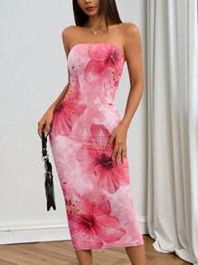INAWLY Pink Tiedye Hibiscus Floral Print Graphic Tube Bodycon Backless Dress - Multicolor - View 3