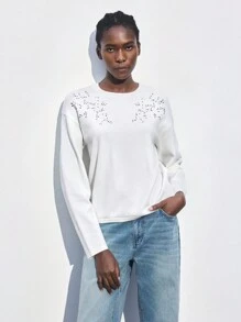 Maija Áo len chui đầu thanh lịch giản dị đính đá trắng mới cho nữ mùa xuân, thích hợp cho các buổi đi chơi, kỳ nghỉ, ngày lễ và tiệc tùng - trắng - Xem 7