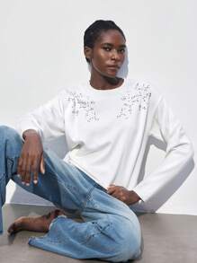 Maija Áo len chui đầu thanh lịch giản dị đính đá trắng mới cho nữ mùa xuân, thích hợp cho các buổi đi chơi, kỳ nghỉ, ngày lễ và tiệc tùng - trắng - Xem 6