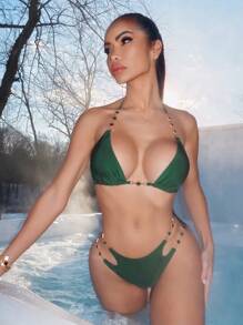 Swim SXY 2pcs/Set Women's New Summer Holiday Chain Linked High-End Sexy Strap Triangle Bikini Set, Festival Boho