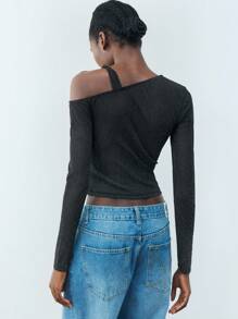 Maija Top moulant asymétrique élégant et chic à l'épaule noire, top et sexy pour femmes. Convient pour le casual, les rendez-vous, les fêtes, les invités de mariage, la Saint-Valentin - Noir - Voir 5
