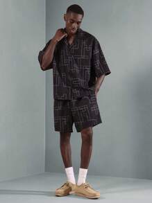SUMWON Designer Geometric Line Pattern Co-Ord Set Modern Abstract Print Summer Casual Oversized Shirt And Shorts Two-Piece Streetwear All-Over Graphic Urban Fashion Set
