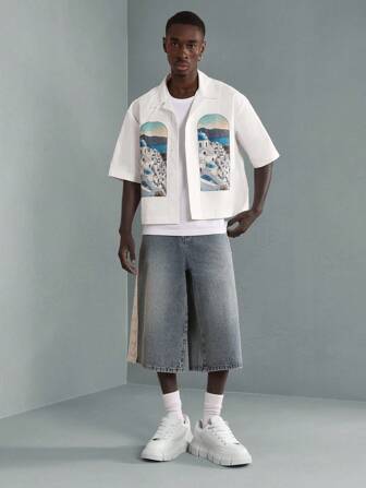 SUMWON Chemise de plage d'été décontractée oversize avec appliqué, inspirée des vacances et des voyages en Méditerranée, imprimé Santorin, à manches courtes