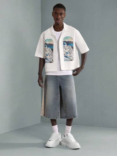 SUMWON Chemise de plage d'été décontractée oversize avec appliqué, inspirée des vacances et des voyages en Méditerranée, imprimé Santorin, à manches courtes