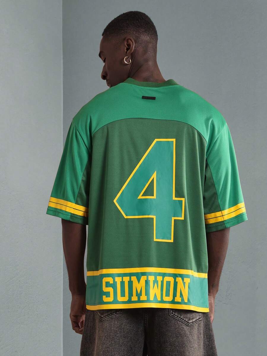 Athletic Style Football Jersey Boxy Fit T-Shirt With Number 4 Sumwon Team Varsity Lettering Sport Recreation Active Wear Summer Fall Fashion - Green - View 1