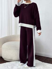 EURMUSE Contrast Blue & White Striped Loose Short Knit Sweater Plus Pants Set For Women - Burgundy - View 3