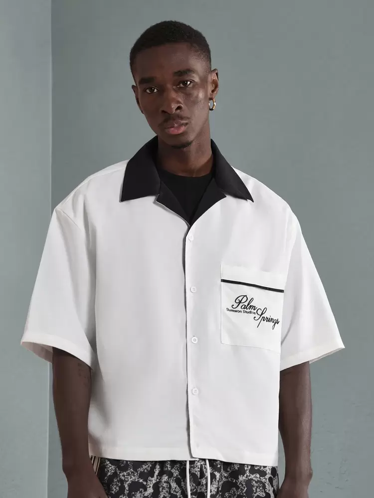 SUMWON Palm Springs Cropped Summer Bowling Shirt Premium Resort Wear Vacation Button-Up Casual Street Style Designer Camp Collar Lightweight Retro Sport