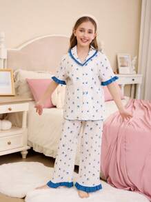 2pcs Tween Girls Floral Print Contrast Ruffle Trim Collar Button Down Shorts Pajama Set, Sibling Matching Outfits (Sold Separately) Pj Sets For Teens Girls S Pajama Sets For Teens Girls Pj Set For Teen Girls - White - View 6