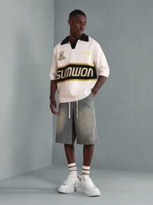 SUMWON Vintage Retro College Stijl Varsity Gebreide Polo Trui met Geborduurd Logo Atletisch Ontwerp Casual Herfst Winter Lente Trui