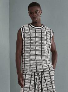 SUMWON 设计师钩针格纹背心套装街头潮流夏季无袖针织背心两件套运动家居服都市时尚运动休闲节日装 - 黑與白 - 查看 3